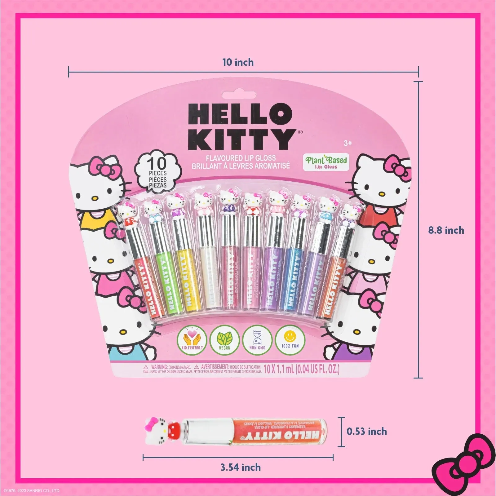 Hello Kitty 10 Pcs Plant Based Lip Gloss Makeup Set, Perfect Birthday Gifts for Girls Ages 3 