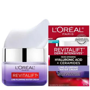 L'Oréal Paris Hyaluronic Acid   Ceramides Line-Plumping Water Cream, 24-Hour Hydration, Reduces Look of Lines, Revitalift, For All Skin Tones & Types, Fragrance Free, Non Comedogenic, 50ml
